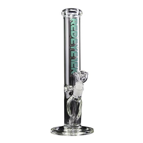 Red Eye Tek 15” tall straight water pipe with purple decal is made with 100% borosilicate glass. Built with an ice pinch for a smooth smoking experience. Cone pull-out and diffuser downstem included.