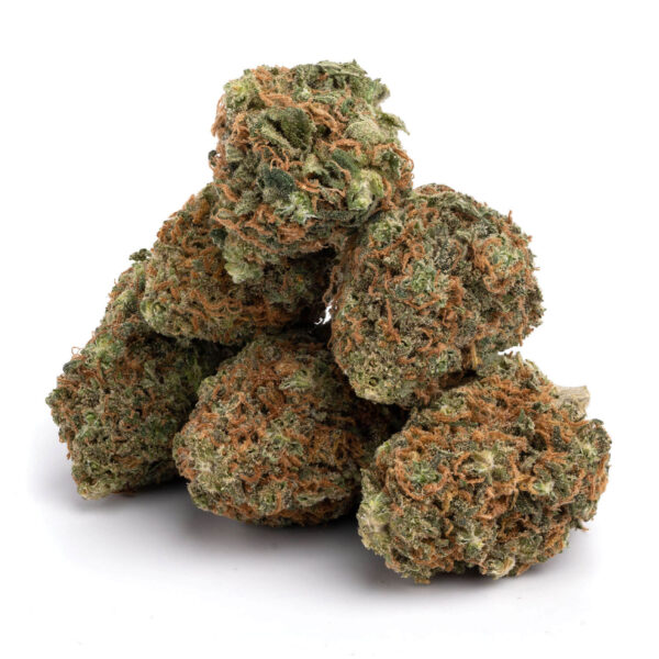 Macro view of California Orange flower showcasing hybrid structure and citrus-heavy resin