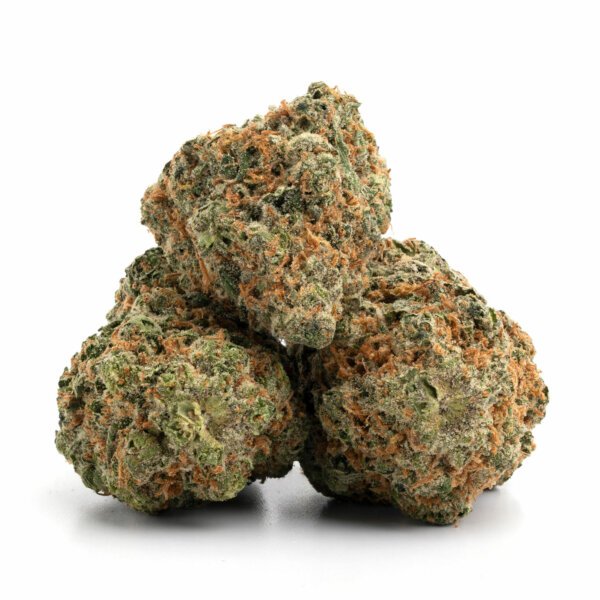 Lemon Skunk 1 Lemon Skunk cannabis flower with bright orange pistils and frosty green buds