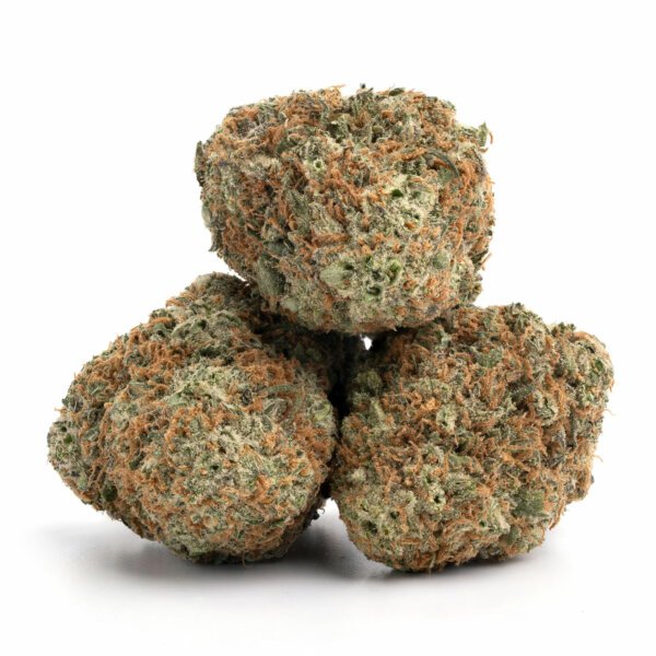 Meat Pie 1 Meat Pie cannabis buds with frosty trichomes, dark green & orange hairs