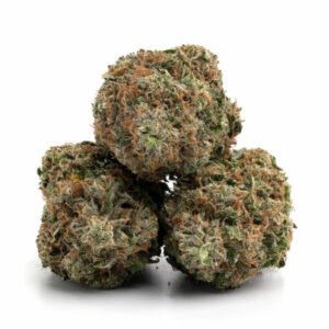 OG Kush cannabis flower showing dense, frosty trichomes and lime green buds